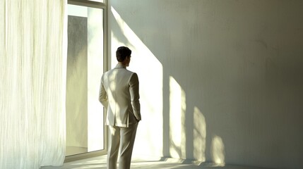 Man in beige suit window view