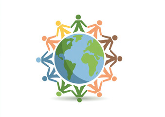 People of different colors holding hands around a globe representing unity