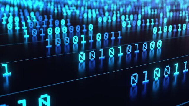 Close up binary code in a row, data processing, bit and byte, big data, datacenter, encryption. Computer, software, network server, data, blockchain, technology, machine learning, deep learning. 