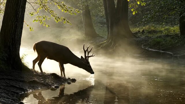deer in the woods near the river, drinking water