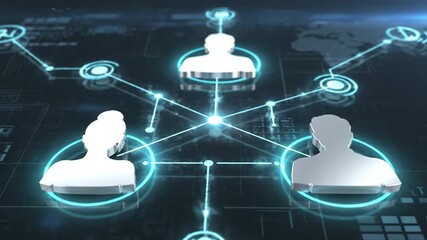 Digital network connection interface showing three user silhouette node icons linked by glowing lines and silver link hubs futuristic teal and dark digital map background with data technology circuit - Powered by Adobe