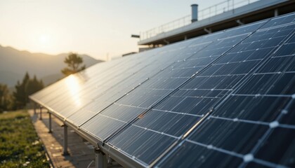 Obraz premium Solar panels capture sunlight during a clear sunset in a rural area Generative AI