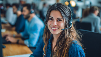 Smiling customer service representative working with a headset in a busy office
