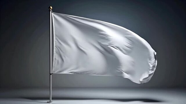 White Flag Waving In Wind Against Grey Backdrop Studio Lighting