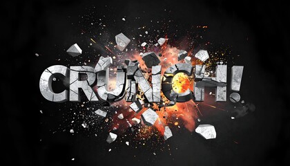 Explosive 3D text "CRUNCH!!" shattering, with debris against a dark backdrop
