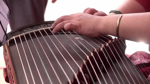 Chinese traditional musician playing Chinese guzheng