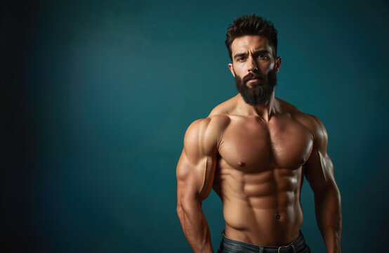 Fit man with muscular body and beard stands against plain blue wall. He wears jeans and shows well defined abs and chest. Male poses in studio, appears strong and healthy.