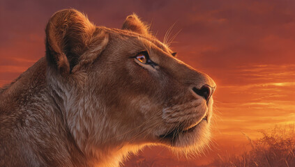 Majestic lion with a golden mane gazes into a vibrant sunset landscape