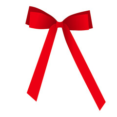 a classic red ribbon bow is tied with long, flowing tails that extend downwards at an angle. It features subtle gradients and soft shading that give it a clean, three-dimensional silk or satin texture