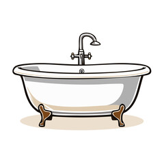 Vintage Bathtub with Faucet: Bathroom Fixture, Retro Style Illustration of a White Ceramic Bathtub