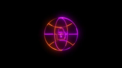A futuristic neon glowing digital globe featuring a central padlock icon representing global cybersecurity network data protection and encrypted communication on black background.
 - Powered by Adobe