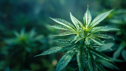 A close up view of a vibrant green cannabis plant with detailed leaves
