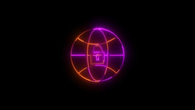A futuristic neon glowing digital globe featuring a central padlock icon representing global cybersecurity network data protection and encrypted communication on black background.
