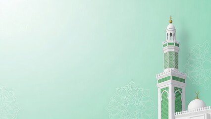 Elegant mosque tower with green patterns on mint background