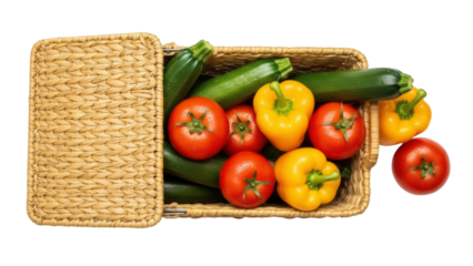 Isolated vegetable medley of summer garden delights in wicker basket, fresh produce abundance