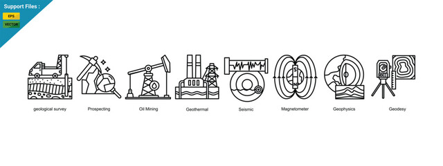 Geological Exploration Line Banner Web Icon Set Vector Illustration, Geological Survey Prospecting Oil Mining Geothermal Seismic Magnetometer Geophysics Geodesy