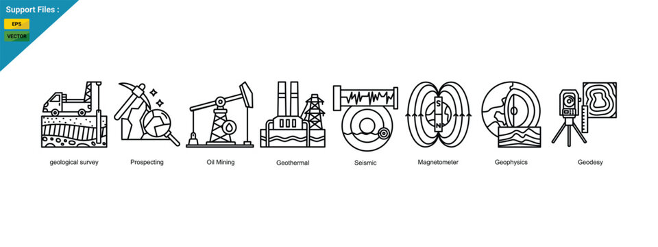 Geological Exploration Line Banner Web Icon Set Vector Illustration, Geological Survey Prospecting Oil Mining Geothermal Seismic Magnetometer Geophysics Geodesy