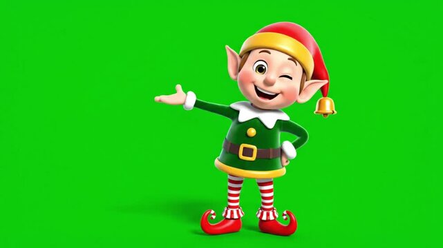 3D animation of a cheerful Christmas elf in a traditional green tunic, red striped tights, and a hat with a jingle bell against a green screen.