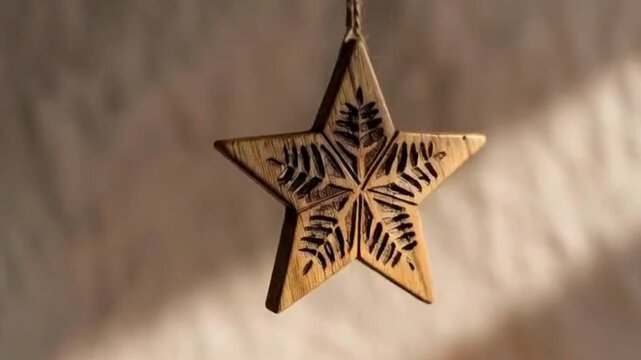 Handcrafted wooden star ornament hanging with natural sunlight and shadows