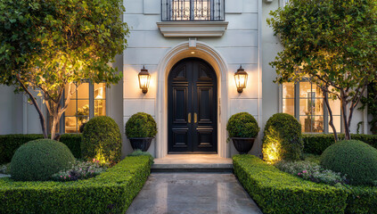 Elegant home exterior with a dark wooden door and manicured landscaping
