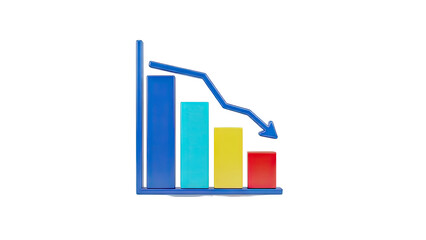 3D Bar chart showing decline with downward arrow on transparent background