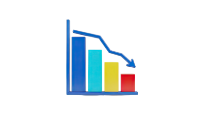 3D Bar chart showing decline with downward arrow on transparent background
