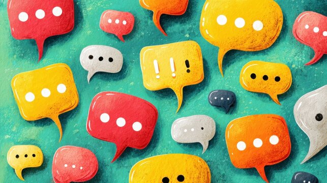 Abstract illustration of colorful speech bubbles and chat icons on a textured green background - Powered by Adobe