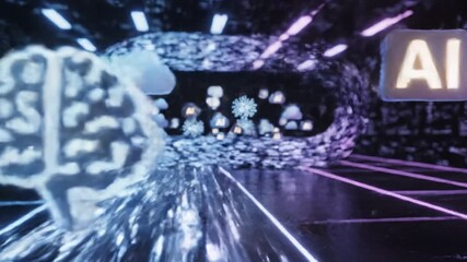 Glowing brain icon neural network digital data stream neon corridor futuristic technology abstract visualization AI cloud network streaming data flow with glowing cloud icon neural circuit symbols - Powered by Adobe