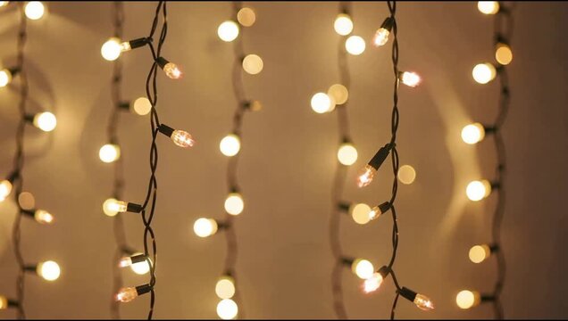 Warm glowing string lights hanging vertically, creating a soft and festive ambiance.
