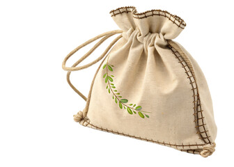 Embroidered Canvas Pouch: A close-up view presents a delicate canvas pouch, embellished with a refined embroidery and a natural cord, inviting exploration and anticipation.