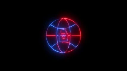 A futuristic neon glowing digital globe featuring a central padlock icon representing global cybersecurity network data protection and encrypted communication on black background.
 - Powered by Adobe