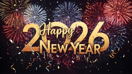 Happy New Year 2026 Celebration Banner: Elegant Large Golden 2026 Typography with Happy New Year Greeting Over a Vibrant Display of Red White and Gold Fireworks with Fall