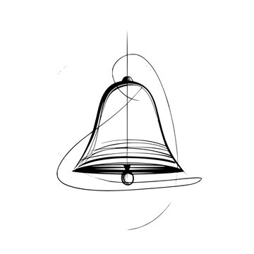 Stylized line art drawing of a bell with clapper hanging from a string with decorative flourishes
