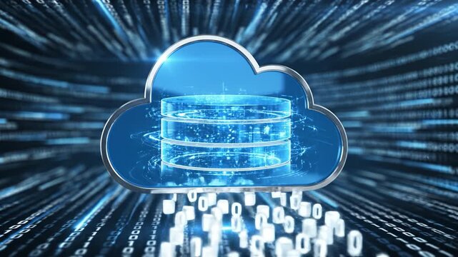 Cloud storage database server with glowing storage stack, data streaming across binary network, remote backup infrastructure and digital database backup connectivity conveying secure server storage