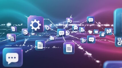 Network document gear chat icon connection purple blue gradient abstract digital communication data link chat bubble gear document app user interface neon gradient messaging cloud communication - Powered by Adobe