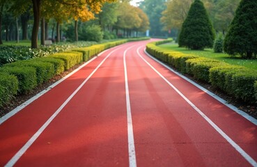 Obraz premium Empty red running track with white lane lines curves through park setting with trimmed green hedges, mature trees. This athletic path is ready for racers, walkers, or joggers seeking outdoor exercise.
