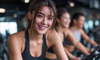 Fototapeta premium three women smiling and working out on spinning exercise bikes