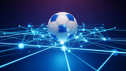 White and blue soccer ball on glowing blue network grid football