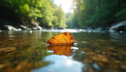 Single yellow leaf floats on calm water surface. Forest surrounds clear stream with rocks. Sunlight shines through green trees creating peaceful nature scene.