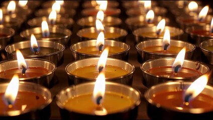 Many small lit candles in metal cups arranged in rows, creating a warm and glowing ambiance for a celebration or spiritual event.