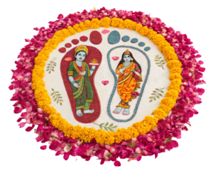 Rangoli of Divine Footsteps: A vibrant Rangoli design, adorned with floral elements, depicts the sacred footprints of a deity, celebrating the essence of faith and cultural traditions.