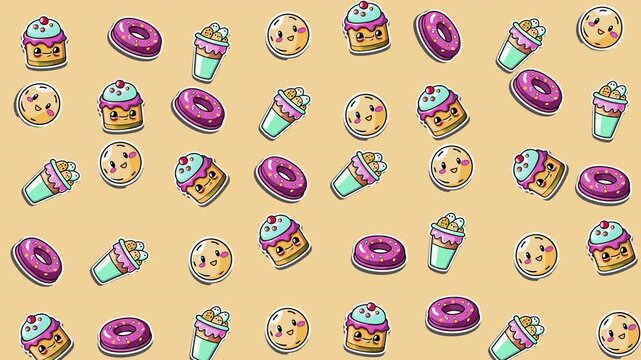 Aesthetic pattern of donuts, cookies, drinks, and cakes. Perfect for food blogs, menus, and bakery advertisements. Great for design projects.