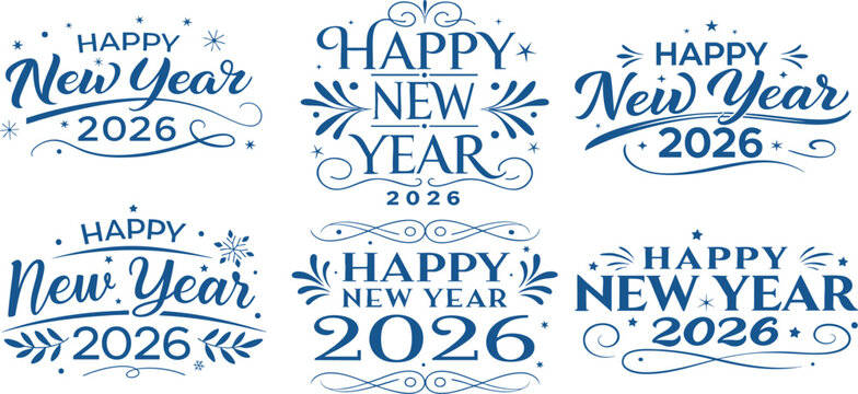 Elegant new year 2026 lettering with sparkle fireworks in blue color and black on transparent background