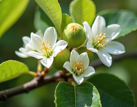 White java apple blossoms and immature fruit grow on tree branch. Green leaves and yellow stamens visible. Natural macro detail of tropical plant life.