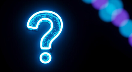 Naklejka premium Glowing blue question mark on a dark background with bokeh, symbolizing uncertainty, inquiry, or a problem requiring a solution, free space for text