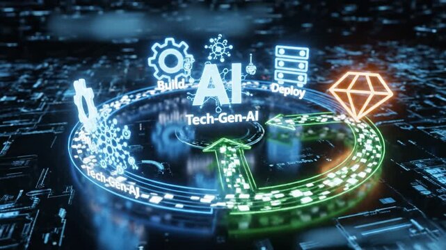 AI circular workflow with glowing tech icons and data arrows neon blue green futuristic interface suggesting build deploy iteration for machine learning automation and glowing gear neural network
