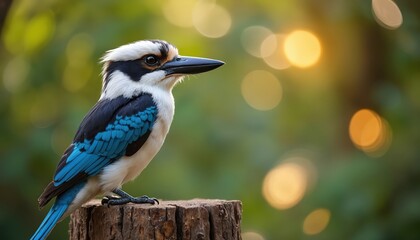 Obraz premium Blue-winged kookaburra sits on wooden stump. Bird has white black and blue feathers. Green forest background with bokeh lights. Natural wildlife portrait.