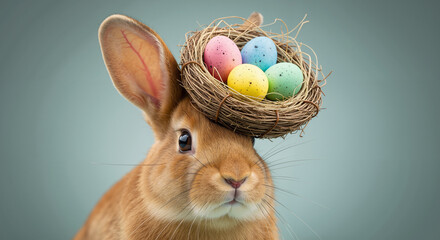 Cute brown rabbit with a nest of colorful Easter eggs on its head, humorous spring holiday concept on grey background.