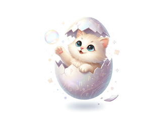 Cute kitten emerging from a cracked egg in a whimsical fantasy concept, generative AI
