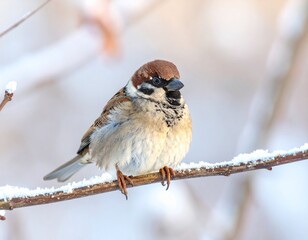 Obraz premium ・冬の寒さにふくらんだすずめ ― 癒しと温もりを感じる野鳥 ・Fluffy Sparrow in Winter – A Symbol of Warmth and Comfort